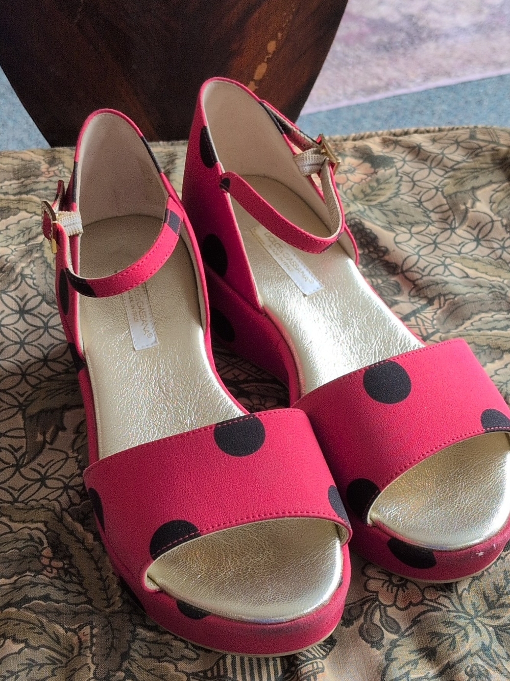 Dolce&Gabanna Girls Sz 34 Red/Blk Polka Dot Wedge Sandals with Ankle Strap